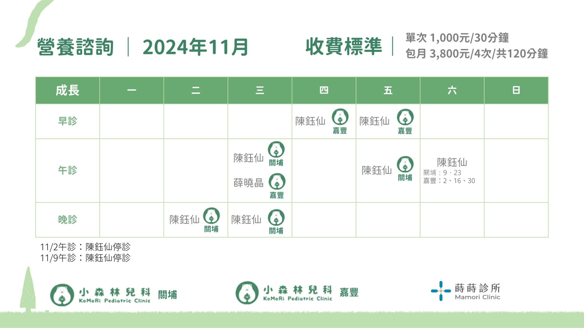 11月營養諮詢門診表